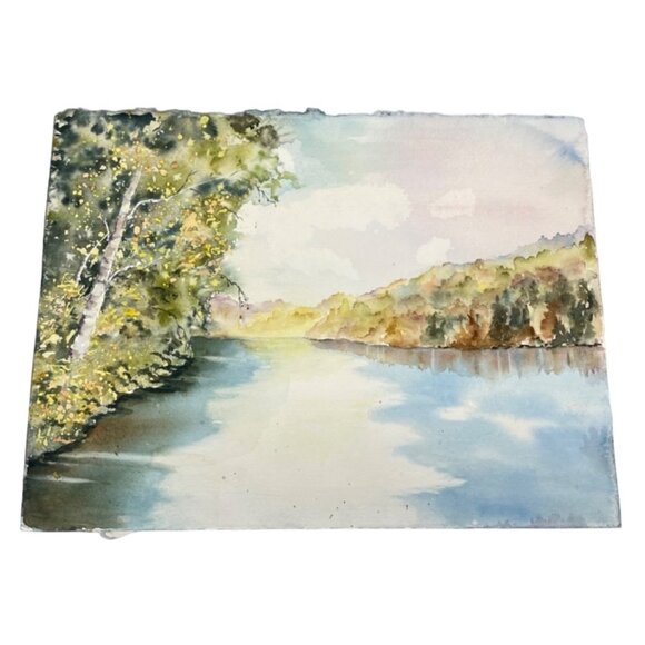 Hand-Painted Watercolor Landscape Art nature green blue On Textured Paper 15x11" - Picture 1 of 4